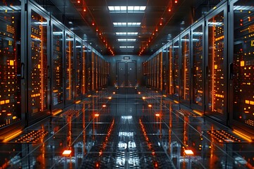 Rows of server racks with glowing orange lights fill a modern data center. The reflective floor enhances the high-tech ambiance, creating an impressive view of technology at work in the dark.