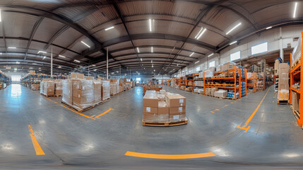 panoramic view of high tech warehouse filled with organized pallets and shelves, showcasing modern logistics and efficient storage solutions