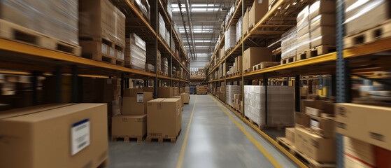 Fototapeta premium Large warehouse filled with stacked boxes and pallets, showcasing organized storage system. aisles are wide, allowing for easy movement of goods and equipment