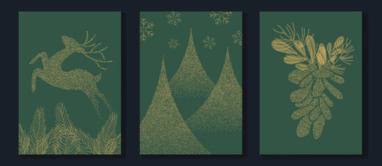 Luxury christmas invitation card art deco design vector. Christmas tree, snowflake, reindeer spot texture on green background. Design illustration for cover, print, poster, wallpaper. © TWINS DESIGN STUDIO