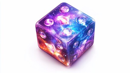 A cosmic dice with galaxy pattern and glowing crystals.