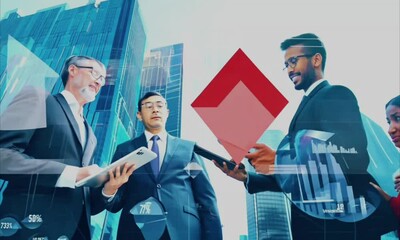 Group of diverse business professionals with digital data overlays in a cityscape, symbolizing teamwork and modern analytics - Powered by Adobe