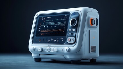 Fototapeta premium A white medical device with a screen displaying a heart rate monitor.