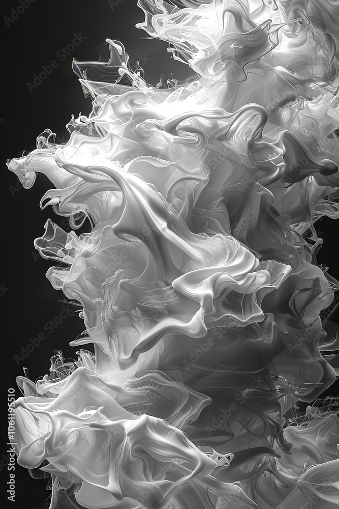 Poster delicate white smoke curls and forms intricate patterns against a deep black backdrop, showcasing fl