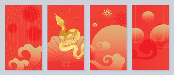 Fototapeta premium Chinese New Year 2025 greeting card background vector. Year of the Snake design with golden snake, lanterns, firecrackers, cloud. Elegant oriental illustration for cover, poster, website, calendar.