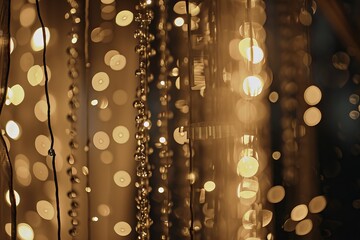 Closeup of blurred shiny sparkling gold sequins. Golden sequined fabric texture. Christmas and New Year celebrating. 80s and 90s party style. Textile with paillettes. Luxury retro festive background