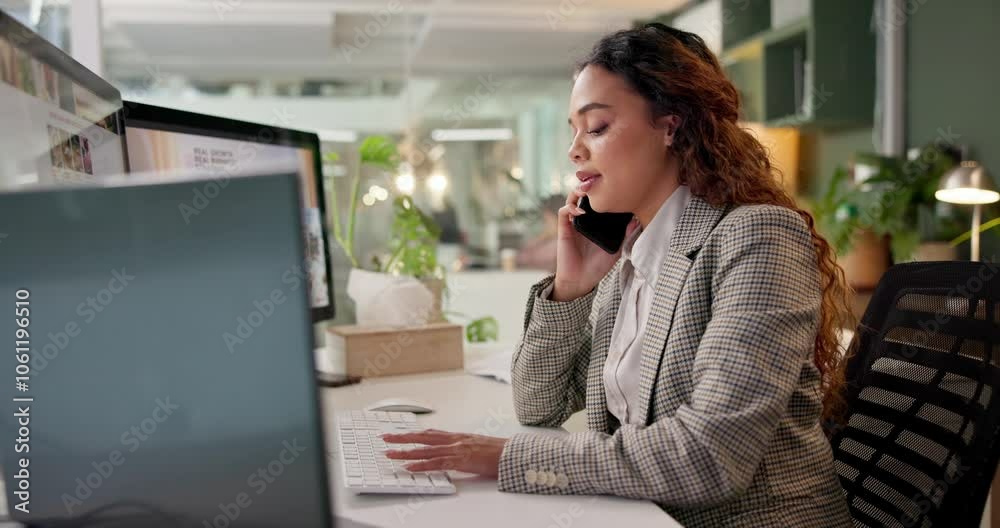 Aufkleber computer, phone call and woman in office, internet and communication with sales agent. employee, ent