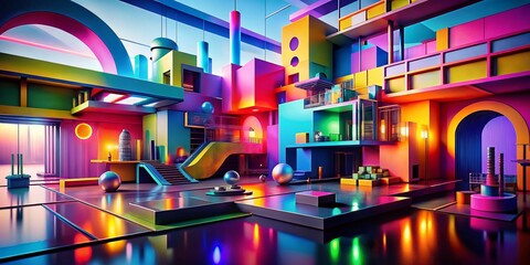 Futuristic 3D Abstract Architecture with Acid Bright Colors and Fluorescent Forms for Eye-Catching Product Photography