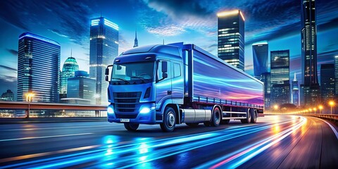 Futuristic Blue Truck in Double Exposure: Fast-Driving on Illuminated Night City Road, Urban Landscape, Nightlife, Neon Lights, High-Speed Motion, Futuristic Technology, Vibrant City