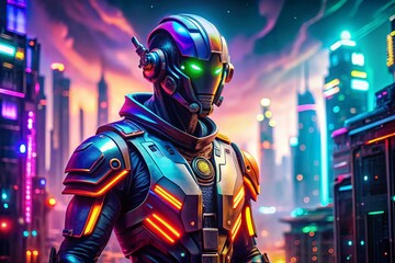 Fototapeta premium Futuristic Cyberpunk Cyborg Mascot Logo for Esports Tournament and Gaming Team with Tilt-Shift Photography Effect, Neon Colors, and Dynamic Design Elements