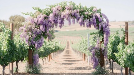 Beautiful Wisteria Arch Over Vineyards at Sunset