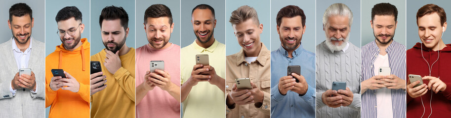 Different men with mobile phones on color background, collage. Modern technology