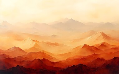 A stunning, surreal depiction of mountain ranges bathed in warm hues of orange and gold, creating a dreamlike landscape that evokes a sense of tranquility and wonder.