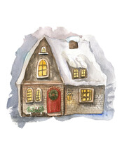 
Christmas house in the snow watercolor illustration