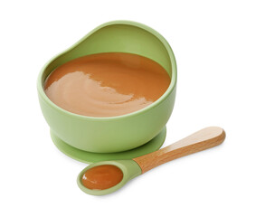 Delicious baby food in bowl and spoon isolated on white