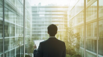 Businessman Standing in Front of Glass Atrium with Sunlight