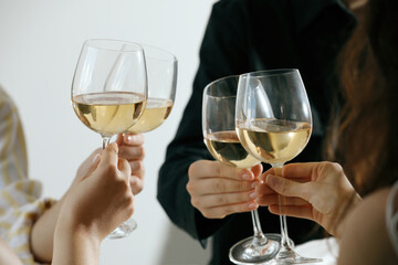 People clinking glasses of wine indoors, closeup