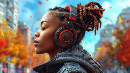 Fototapeta premium Young woman with braided hair wearing headphones and a jacket, enjoying music with closed eyes in an autumnal urban setting with colorful falling leaves