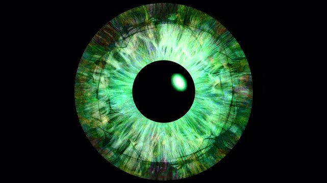 Close-up of a human iris with psychedelic multicolored patterns