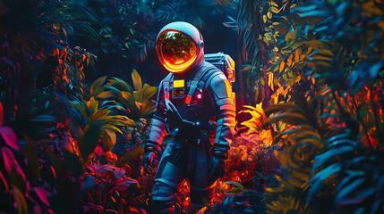 Futuristic astronaut in neon suit exploring a vibrant, lush jungle environment. Alien Flora and Fauna. Illustration