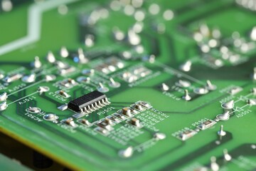 Obraz premium Computer circuit board, macro view. Electronic engineering
