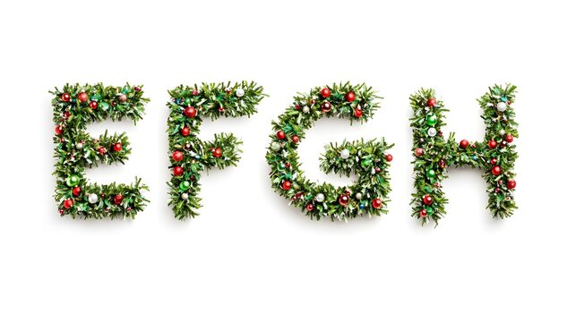 EFGH letters adorned with New Year&rsquo;s ornaments in garland style