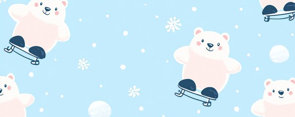 Cute illustration of polar bears ice skating on a light blue background with snowflakes.