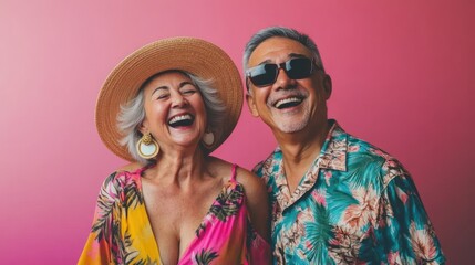Obraz premium A joyful couple in vibrant clothing, smiling against a pink background, embodying happiness and fun.