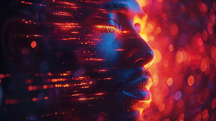 Profile of a man with eyes closed, illuminated by vibrant red and blue neon lights and digital light trails, creating a futuristic and cybernetic atmosphere with a sense of introspection