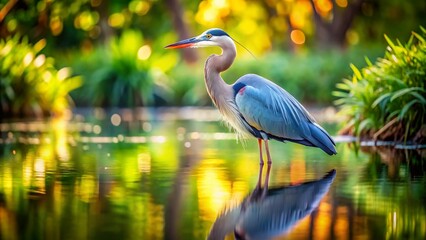 Naklejka premium Great Blue Heron in Water with Tilt-Shift Effect - Nature Photography, Wildlife, Birdwatching, Marshlands, Reflections, Serenity, Aquatic Habitat, Colorful Background, Scenic Views, Outdoor Adventure