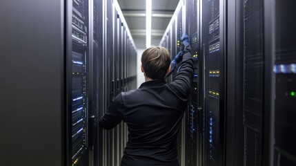 Fototapeta premium Technician Maintaining a Rack of Servers in a Data Center
