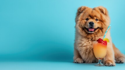 A fluffy dog sits next to a colorful cocktail on a blue background.