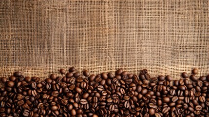 Vertical photo backdrop with coffee beans and canvas. Blank space available.