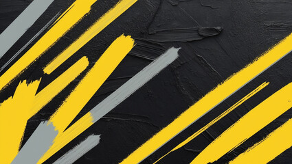 Bold abstract background with striking yellow and gray brush strokes on a textured black surface, creating a high-energy, industrial aesthetic.