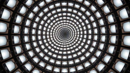 A large circular room with many small square lights. The lights are all white and are arranged in a pattern. The room appears to be a large, open space with a lot of light
