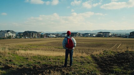 Solitary Figure in a Vast Suburban Landscape