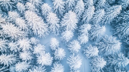 Aerial view of snow-covered evergreen trees in a winter landscape.