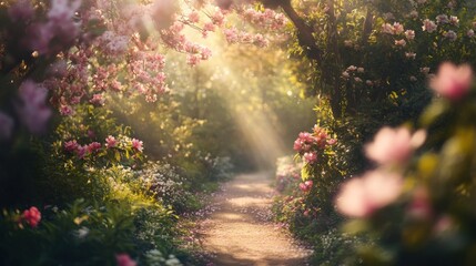 Obraz premium A serene pathway through a blooming garden, illuminated by soft sunlight.