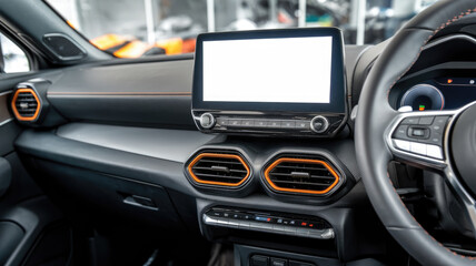 A car's dashboard is clean and empty. The car is parked in a showroom. The car is a luxury model