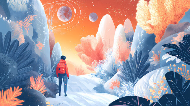 Intrepid galactic explorer discovering a fantastic alien world with exotic flora and fauna. Alien Flora and Fauna. Illustration