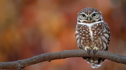 A close-up of a spotted owl perched on a branch against a blurred autumn background.