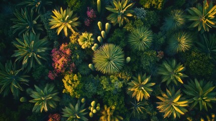 Obraz premium Aerial view of a lush, diverse plant landscape showcasing various textures and colors.
