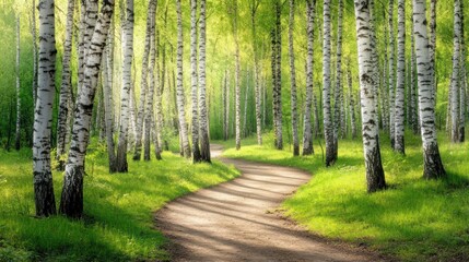 Fototapeta premium A serene winding path through a lush birch forest, inviting exploration and tranquility.