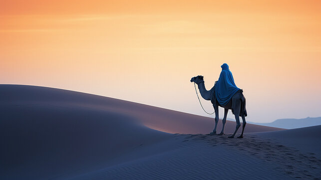 Middle Eastern man and camel walking on sand dunes in the desert - Powered by Adobe