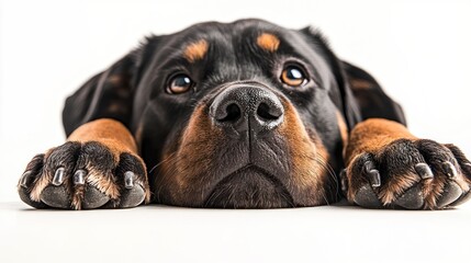 Fototapeta premium A close-up of a Rottweiler puppy resting with its paws stretched out.