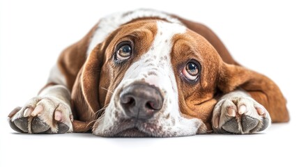 A close-up of a sad-looking dog resting on the ground with a soft expression.