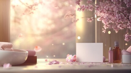A serene spa setting with cherry blossoms, candles, and a blank card for relaxation.