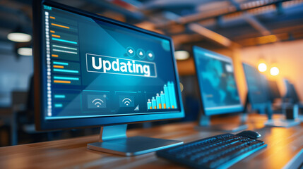 Close-up of computer screen showing software update progress bar with "Updating" text, keyboard and mouse visible in blurred background, modern technology and digital transformation concept.