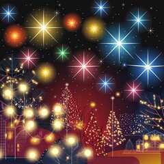 Obraz premium Festive night background illustration featuring glowing Christmas trees, bokeh lights, and brilliant, colorful starbursts sparkling in the dark sky.