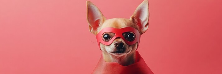 A Chihuahua wearing a red superhero mask and cape against a pink background.